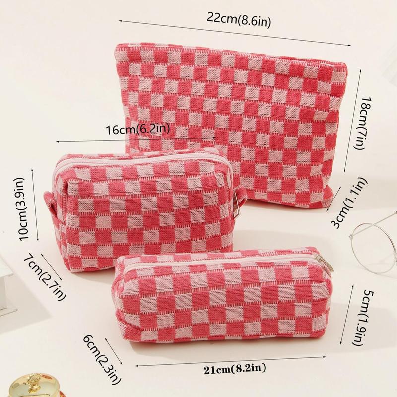 Plaid Pattern Makeup Bags, 3 Counts Portable Large Capacity Cosmetic Storage Bags, Zipper Makeup Organizer Pouches, Versatile Storage Bags