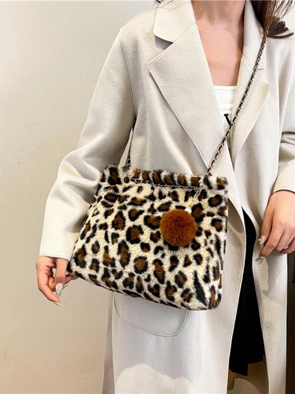 Women's Fashion Leopard Print Plush Tote Bag, Casual Versatile Pom Pom Decor Chain Strap Shoulder Bag for Daily Used, Trendy All-match Bag for Daily Life