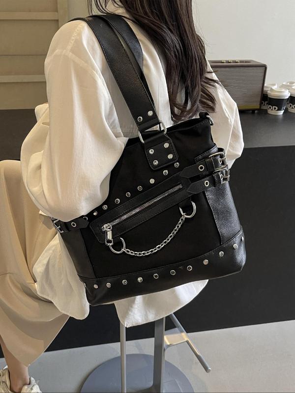 Fashion Studded Decorated Tote Bag, Casual Versatile Chain Decor Shoulder Bag, Trendy All-match Crossbody Tote Bag for Women