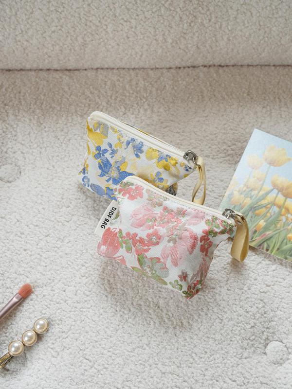 Floral Pattern Makeup Bag, 2024 New Style Portable Zipper Cosmetic Storage Bag, Women's Versatile Small Makeup Bag, Keychain Card Holder for Daily Use