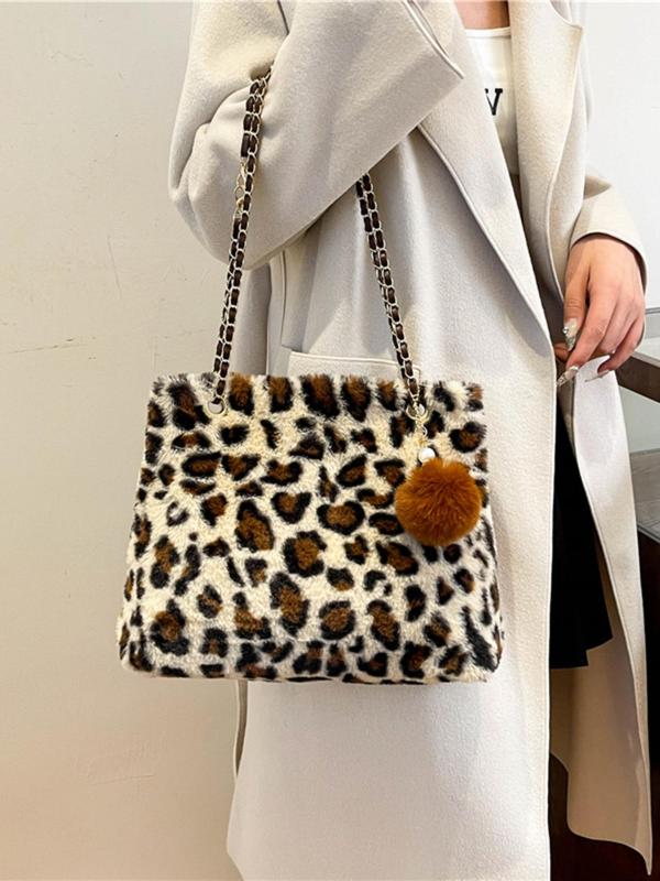 Women's Fashion Leopard Print Plush Tote Bag, Casual Versatile Pom Pom Decor Chain Strap Shoulder Bag for Daily Used, Trendy All-match Bag for Daily Life