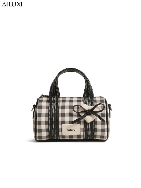 Women's Plaid Pattern Bow Decor Boston Bag, 2024 New Style Fashionable Zipper Crossbody Bag for Daily Used, Casual Trendy Versatile High-quality Daily Commuting Bag