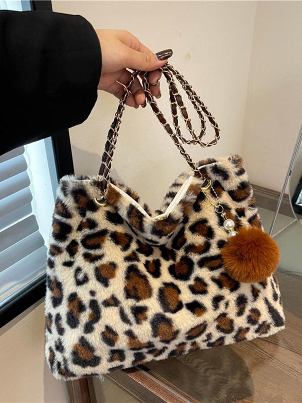 Women's Fashion Leopard Print Plush Tote Bag, Casual Versatile Pom Pom Decor Chain Strap Shoulder Bag for Daily Used, Trendy All-match Bag for Daily Life