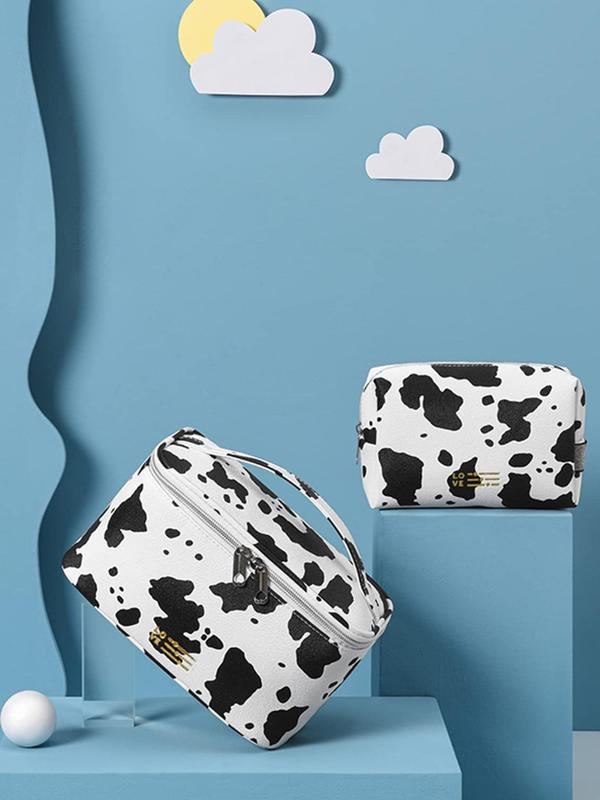 Kawaii Cow Print Cosmetic Bag Set, Makeup Accessories, Alarge Capacity Cute Makeup Bags , Fall 2024 New Fashionable Travel Toiletry Bag for Women & Men, Basic Matching Washable and Waterproof for Daily & Back To School