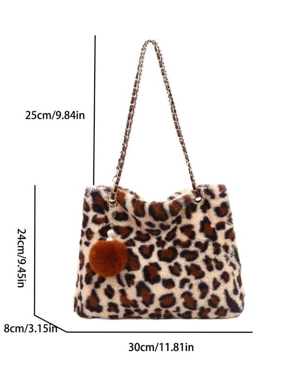 Women's Fashion Leopard Print Plush Tote Bag, Casual Versatile Pom Pom Decor Chain Strap Shoulder Bag for Daily Used, Trendy All-match Bag for Daily Life