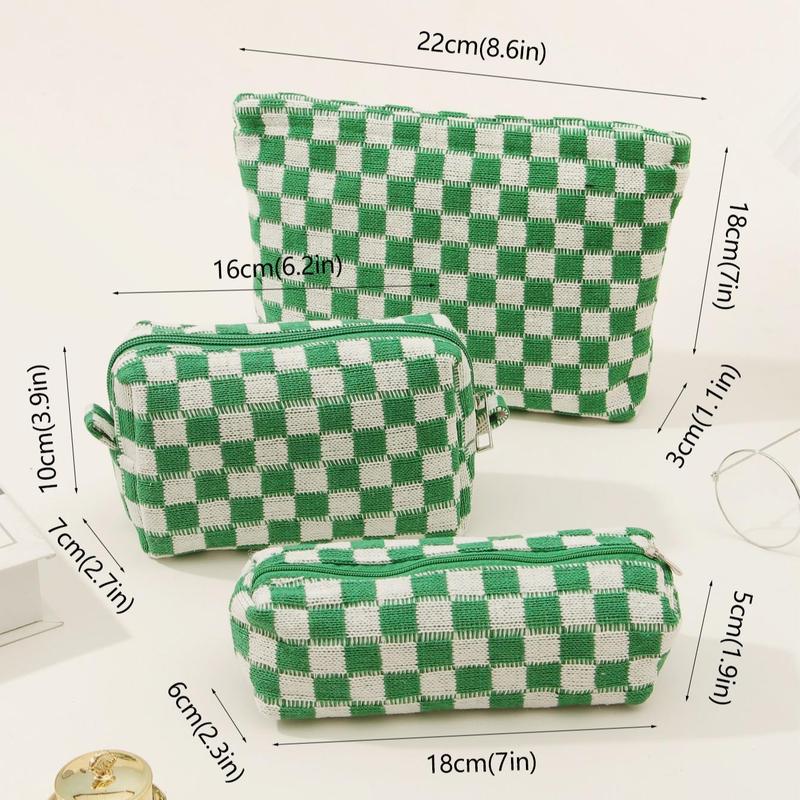 Plaid Pattern Makeup Bags, 3 Counts Portable Large Capacity Cosmetic Storage Bags, Zipper Makeup Organizer Pouches, Versatile Storage Bags