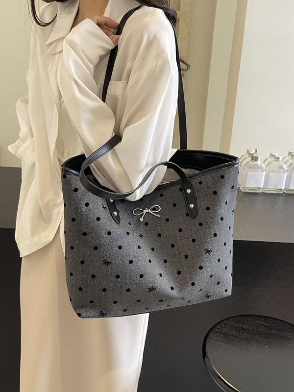 Women's Fashionable Polka Dot Pattern Bow Decor Tote Bag, Casual PU Leather Shoulder Bag for Daily Used, Trendy Versatile High-quality Daily Commuting Bag