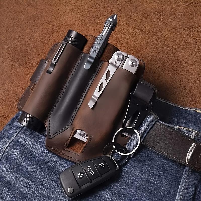 Faux Leather EDC Holster Multitool Sheath for Belt, Durable Multifunctional Tool Holster, Carry Retro Organizer Pocket with Keychain