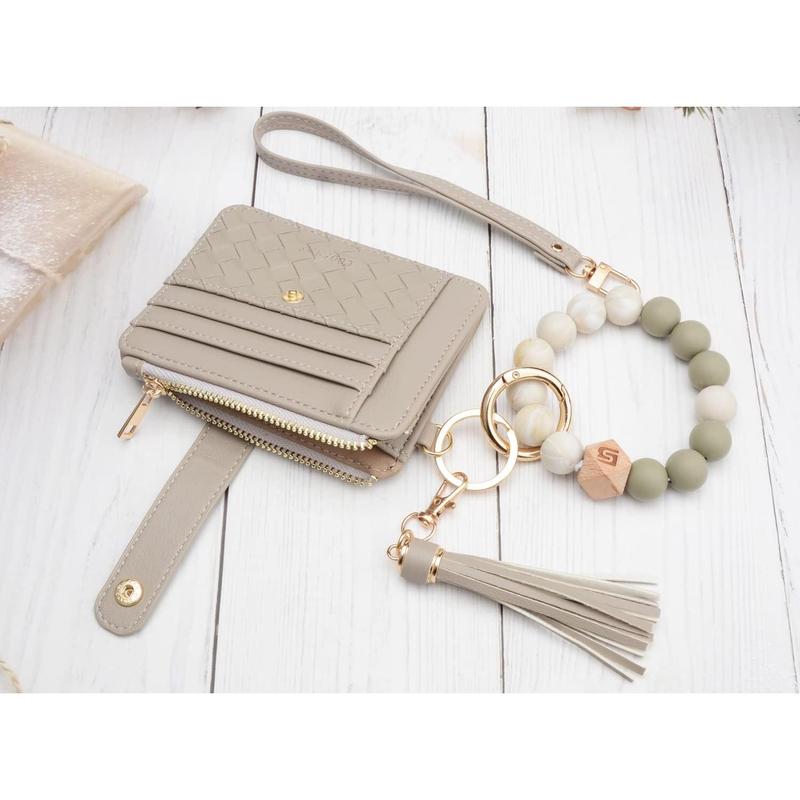 Wristlet Bracelet Keychain Credit Card Holder Purse,Blocking Zip Slim Wallet,Tassel Key Ring Wallet for Women