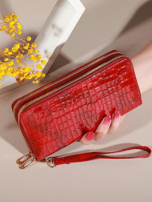 Women's Fashionable Crocodile Pattern Long Wallet, Vintage Double Layer Clutch Wallet, Retro Zipper Coin Purse Wristlet for Daily Used