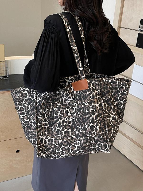 Fall 2024 Women's Leopard Pattern Canvas Everyday Tote Bag, Summer Large Capacity Shoulder Bag for Daily, Trendy Daily Designer Cute Commuting Bag, Fall Outfits, Fall Freshness Fall, Purse