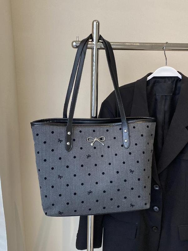 Women's Fashionable Polka Dot Pattern Bow Decor Tote Bag, Casual PU Leather Shoulder Bag for Daily Used, Trendy Versatile High-quality Daily Commuting Bag