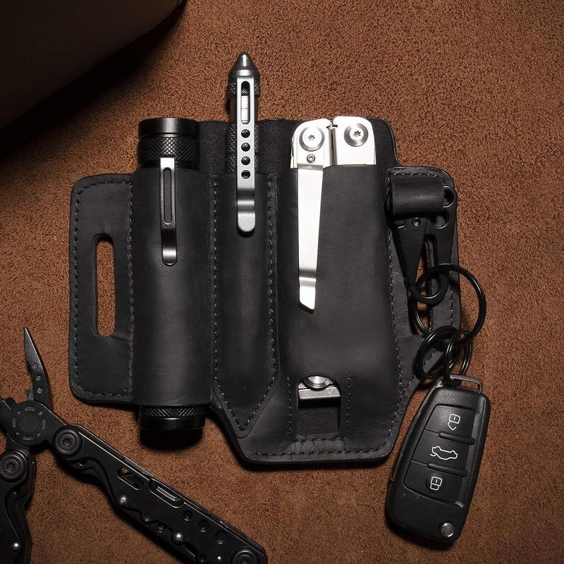 Faux Leather EDC Holster Multitool Sheath for Belt, Durable Multifunctional Tool Holster, Carry Retro Organizer Pocket with Keychain