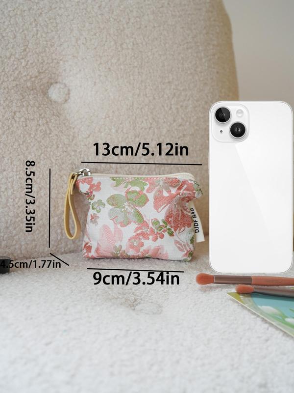 Floral Pattern Makeup Bag, 2024 New Style Portable Zipper Cosmetic Storage Bag, Women's Versatile Small Makeup Bag, Keychain Card Holder for Daily Use