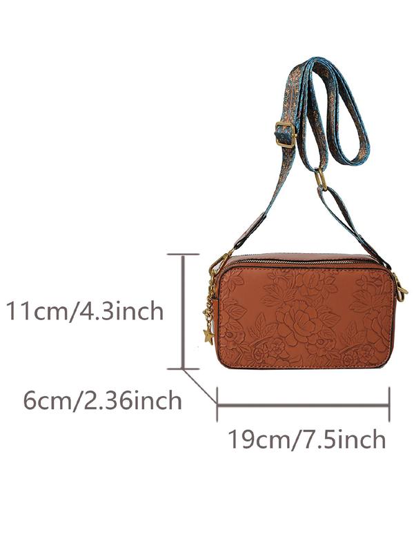 Women's Fashion Retro Floral Embossed Crossbody Bag, Casual Pu Leather Star Decor Zipper Shoulder Bag, Trendy Versatile High-quality Daily Commuting Bag