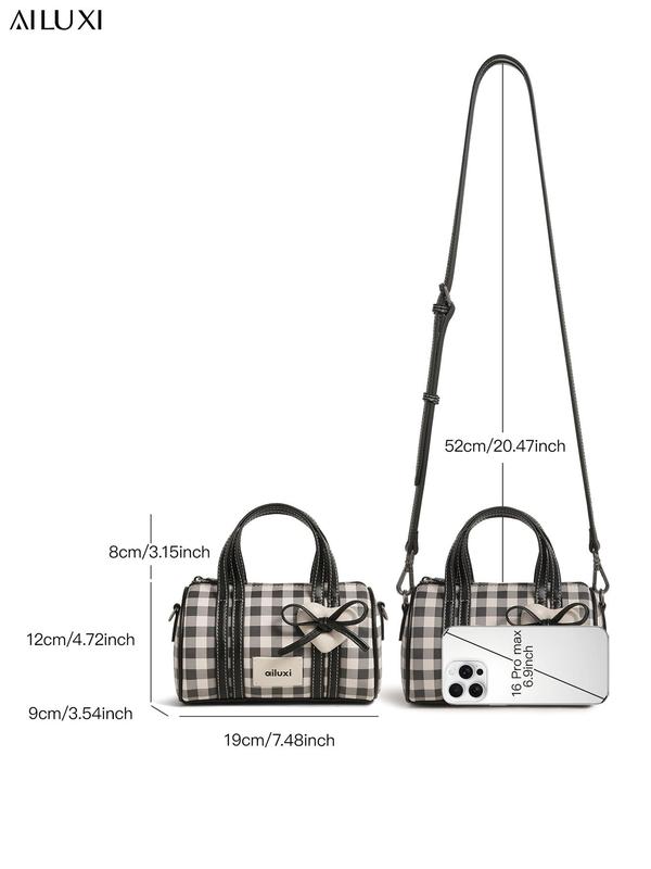 Women's Plaid Pattern Bow Decor Boston Bag, 2024 New Style Fashionable Zipper Crossbody Bag for Daily Used, Casual Trendy Versatile High-quality Daily Commuting Bag