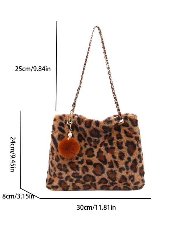 Women's Fashion Leopard Print Plush Tote Bag, Casual Versatile Pom Pom Decor Chain Strap Shoulder Bag for Daily Used, Trendy All-match Bag for Daily Life