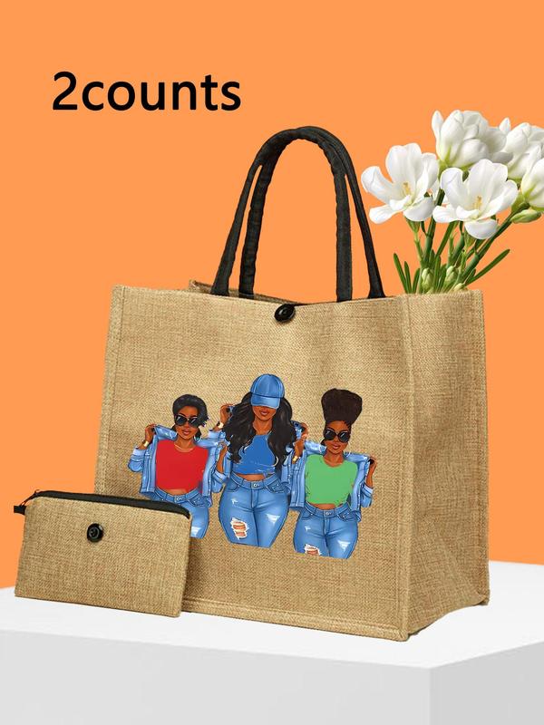 Women's Cute Cartoon Pattern Tote Bag & Wallet Set, 2024 New Style Large Capacity Shoulder Bag & Wallet, Fashionable Bag Set for Travel & Daily Use