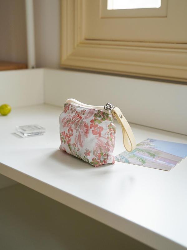 Floral Pattern Makeup Bag, 2024 New Style Portable Zipper Cosmetic Storage Bag, Women's Versatile Small Makeup Bag, Keychain Card Holder for Daily Use