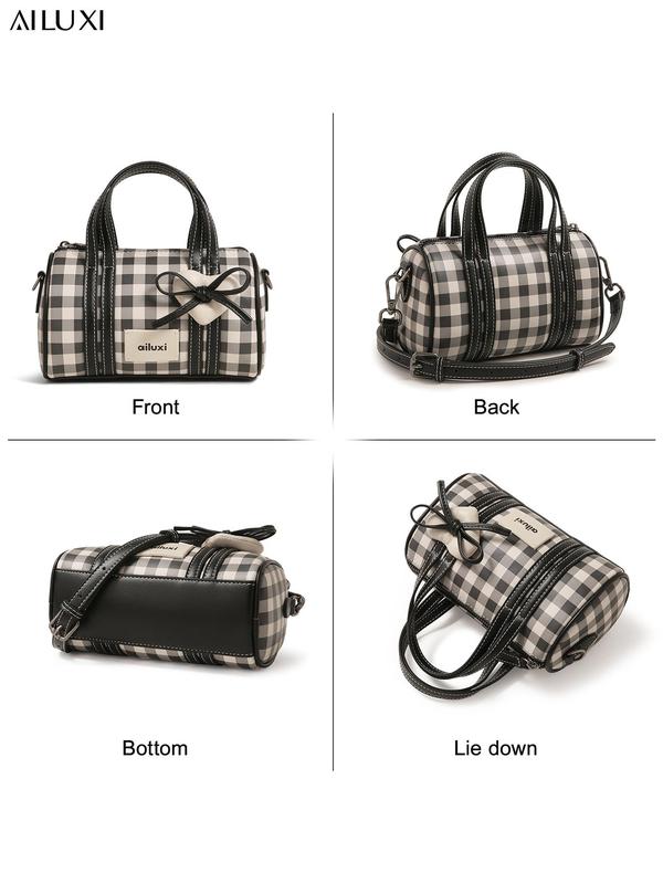 Women's Plaid Pattern Bow Decor Boston Bag, 2024 New Style Fashionable Zipper Crossbody Bag for Daily Used, Casual Trendy Versatile High-quality Daily Commuting Bag