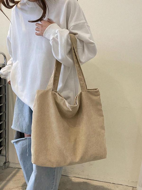 Women's Summer Simple Plain Corduroy Zipper Tote Bag, Lightweight Large Capacity Shopping Shoulder Bag, Casual College Style Student School Bag, Streetwear Commuting Carrying Bag