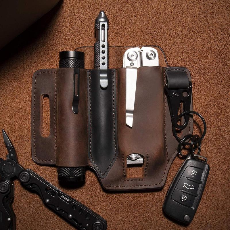 Faux Leather EDC Holster Multitool Sheath for Belt, Durable Multifunctional Tool Holster, Carry Retro Organizer Pocket with Keychain