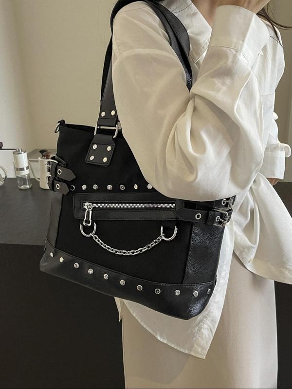 Fashion Studded Decorated Tote Bag, Casual Versatile Chain Decor Shoulder Bag, Trendy All-match Crossbody Tote Bag for Women