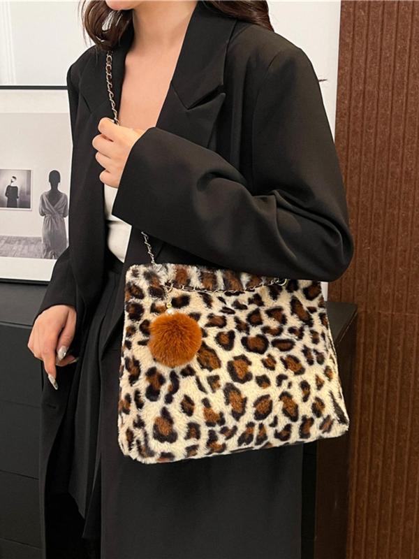 Women's Fashion Leopard Print Plush Tote Bag, Casual Versatile Pom Pom Decor Chain Strap Shoulder Bag for Daily Used, Trendy All-match Bag for Daily Life