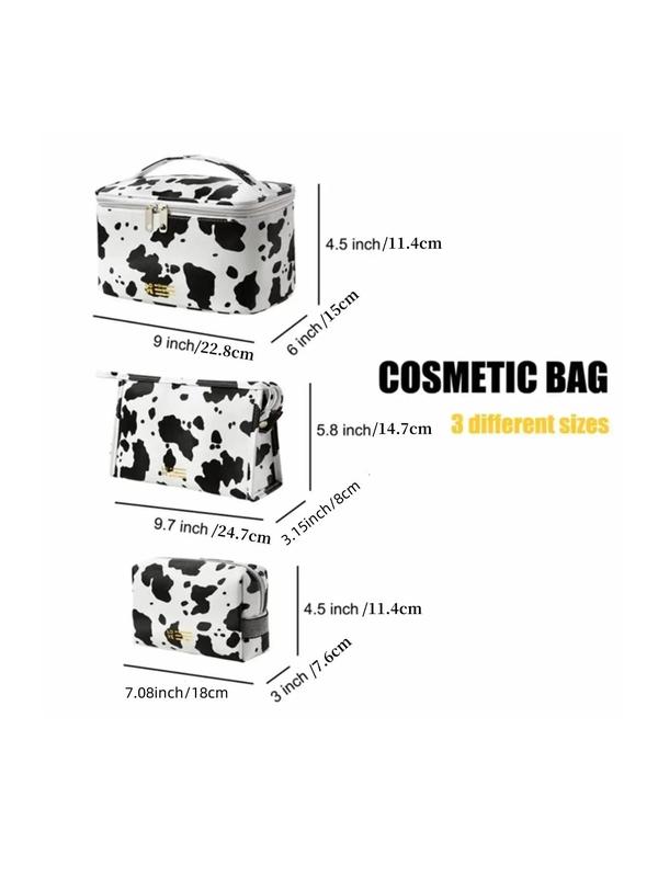 Kawaii Cow Print Cosmetic Bag Set, Makeup Accessories, Alarge Capacity Cute Makeup Bags , Fall 2024 New Fashionable Travel Toiletry Bag for Women & Men, Basic Matching Washable and Waterproof for Daily & Back To School