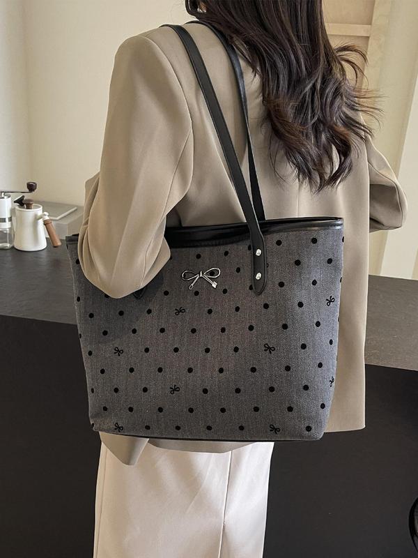 Women's Fashionable Polka Dot Pattern Bow Decor Tote Bag, Casual PU Leather Shoulder Bag for Daily Used, Trendy Versatile High-quality Daily Commuting Bag