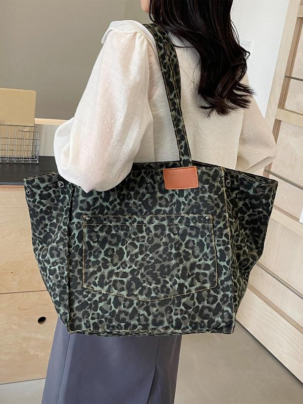 Fall 2024 Women's Leopard Pattern Canvas Everyday Tote Bag, Summer Large Capacity Shoulder Bag for Daily, Trendy Daily Designer Cute Commuting Bag, Fall Outfits, Fall Freshness Fall, Purse