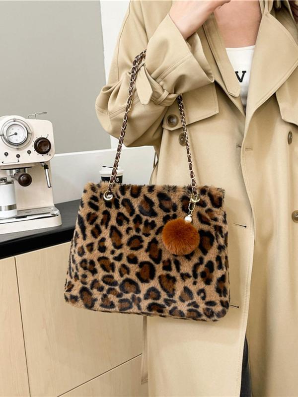 Women's Fashion Leopard Print Plush Tote Bag, Casual Versatile Pom Pom Decor Chain Strap Shoulder Bag for Daily Used, Trendy All-match Bag for Daily Life