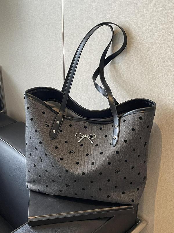 Women's Fashionable Polka Dot Pattern Bow Decor Tote Bag, Casual PU Leather Shoulder Bag for Daily Used, Trendy Versatile High-quality Daily Commuting Bag