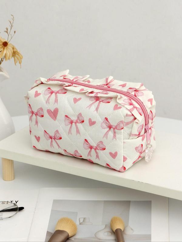 Heart & Bow Pattern Makeup Bag, Large Capacity Travel Cosmetic Storage Bag, Zipper Makeup Organizer Pouch, Versatile Storage Bag for Travel, Office, Home