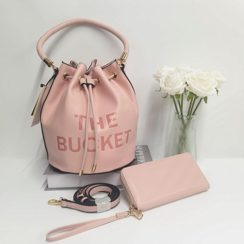 New style ladies' large capacity handbag solid color letter print messenger bag drawstring pleated belt wallet mother-and-child bucket bag-E68