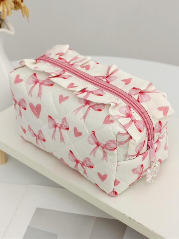 Heart & Bow Pattern Makeup Bag, Large Capacity Travel Cosmetic Storage Bag, Zipper Makeup Organizer Pouch, Versatile Storage Bag for Travel, Office, Home