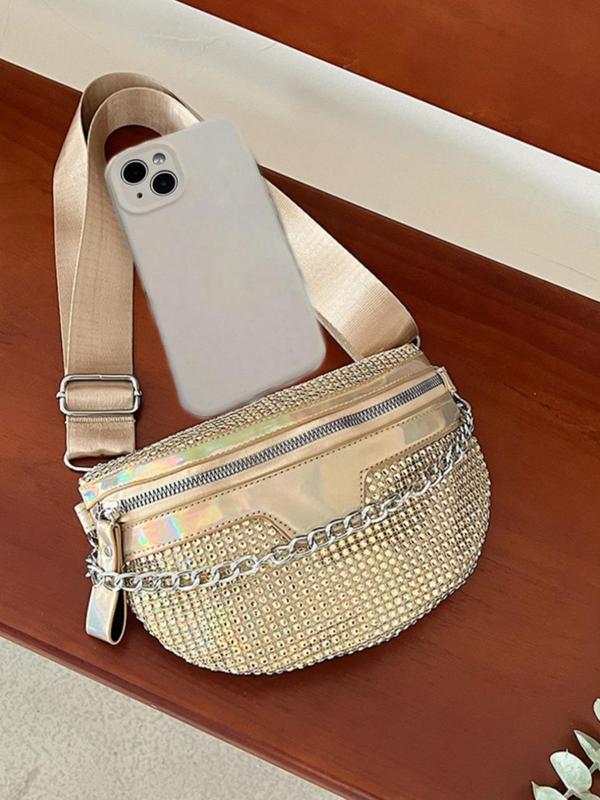 Women's Fashion Rhinestone Decorated Fanny Pack, Casual Versatile Zipper Design Sling Bag for Daily Used, Trendy All-match Chest Bag