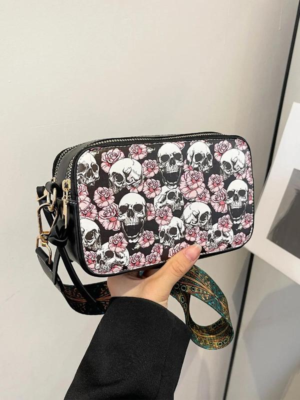 Women's Floral Skull Pattern Square Embossed Crossbody Bag, Boho Style Zipper Shoulder Bag for Daily Used, Trendy All-match Bag, Crossbody Bags for Women