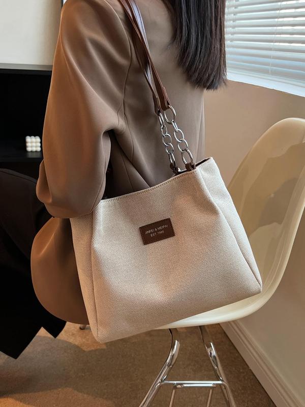 Women's Solid Color Chain Decor Tote Bag, Fashionable Large Capacity Shoulder Bag for Work & School, Casual Trendy Versatile High-quality Daily Commuting Bag