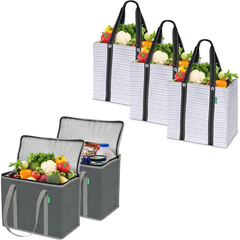 Ultimate Reusable Grocery Bag (5 Pack) - Includes 3 Foldable Reusable Shopping Bags with Hard Bottom, and 2 XL Insulated Grocery Bags