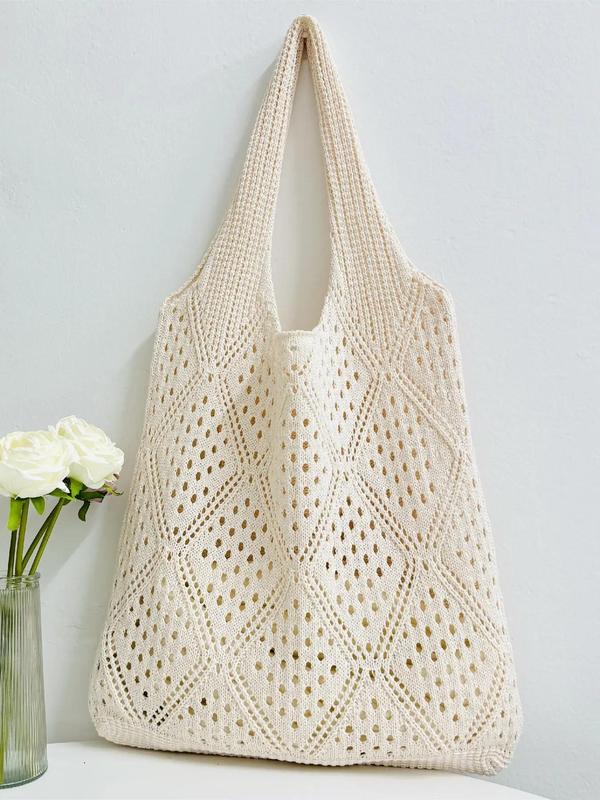 Women's Hollow Out Crochet Shoulder Bag, Simple Style Plain Color Knit Bag, Large Capacity Beach Bag, Girl Fashionable Shopping Bag