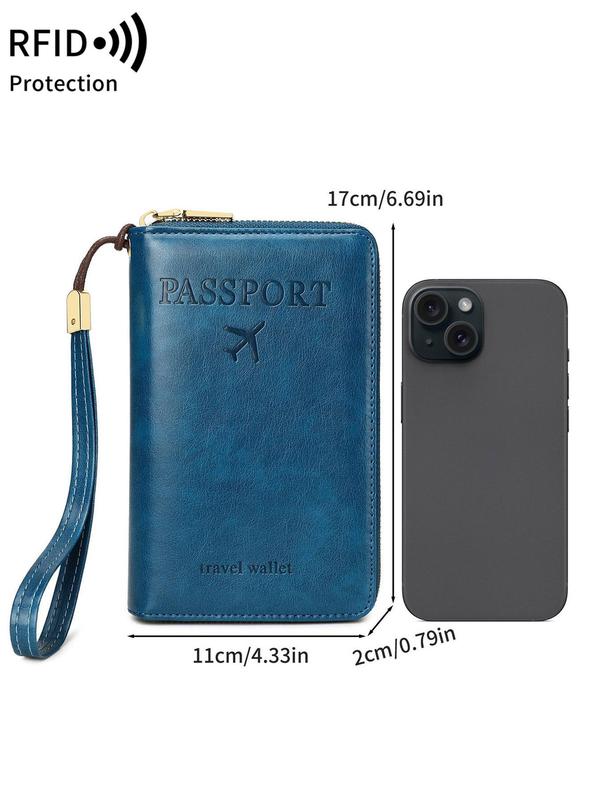 Letters Print Passport Holder, Multi-functional Passport Case with Airplane Pattern, PU Leather Travel Wallet with Wrist Strap and Zipper Closure