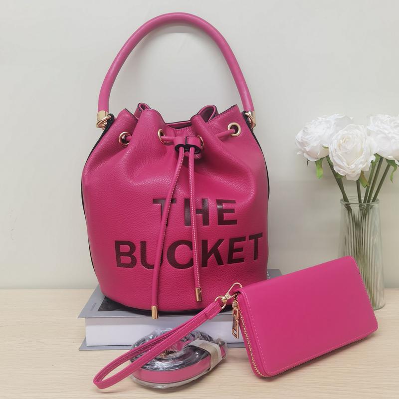 New style ladies' large capacity handbag solid color letter print messenger bag drawstring pleated belt wallet mother-and-child bucket bag-E68