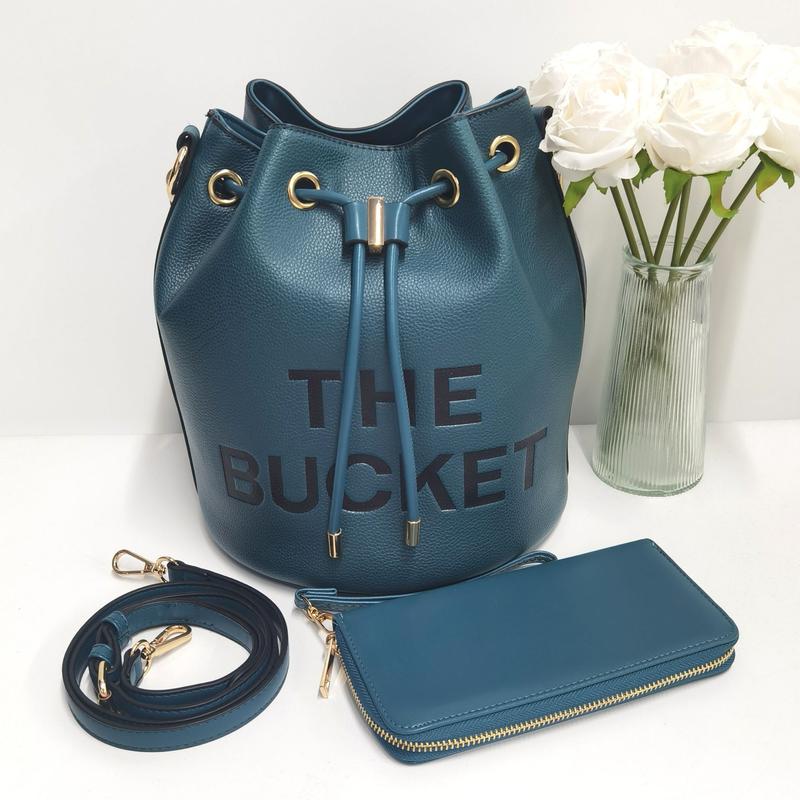 New style ladies' large capacity handbag solid color letter print messenger bag drawstring pleated belt wallet mother-and-child bucket bag-E68