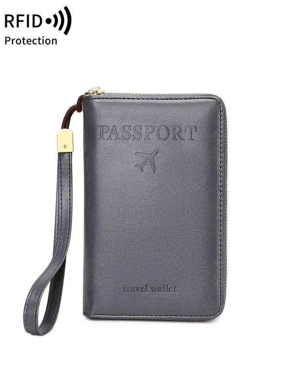 Letters Print Passport Holder, Multi-functional Passport Case with Airplane Pattern, PU Leather Travel Wallet with Wrist Strap and Zipper Closure