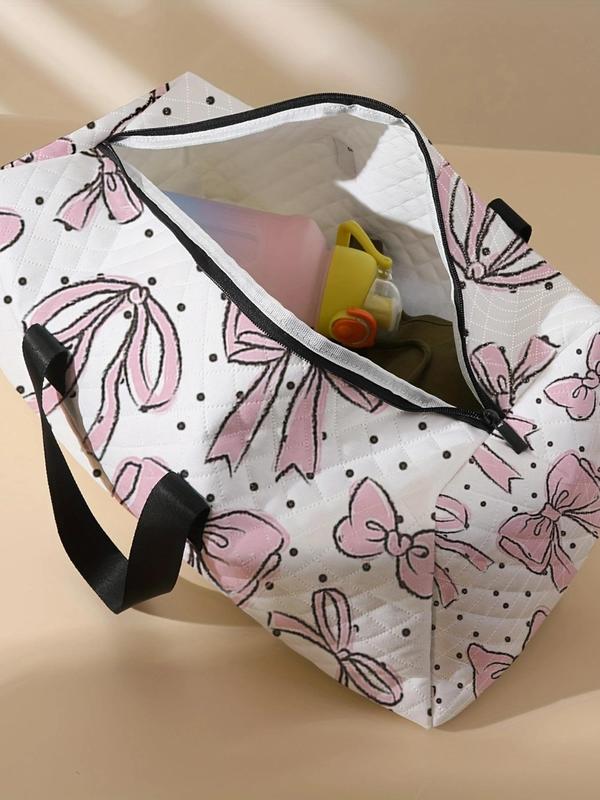 Bow Pattern Quilted Duffle Bag, Large Capacity Travel Bag, Portable Overnight Bag, Fashionable Travel Bag for Women & Girls