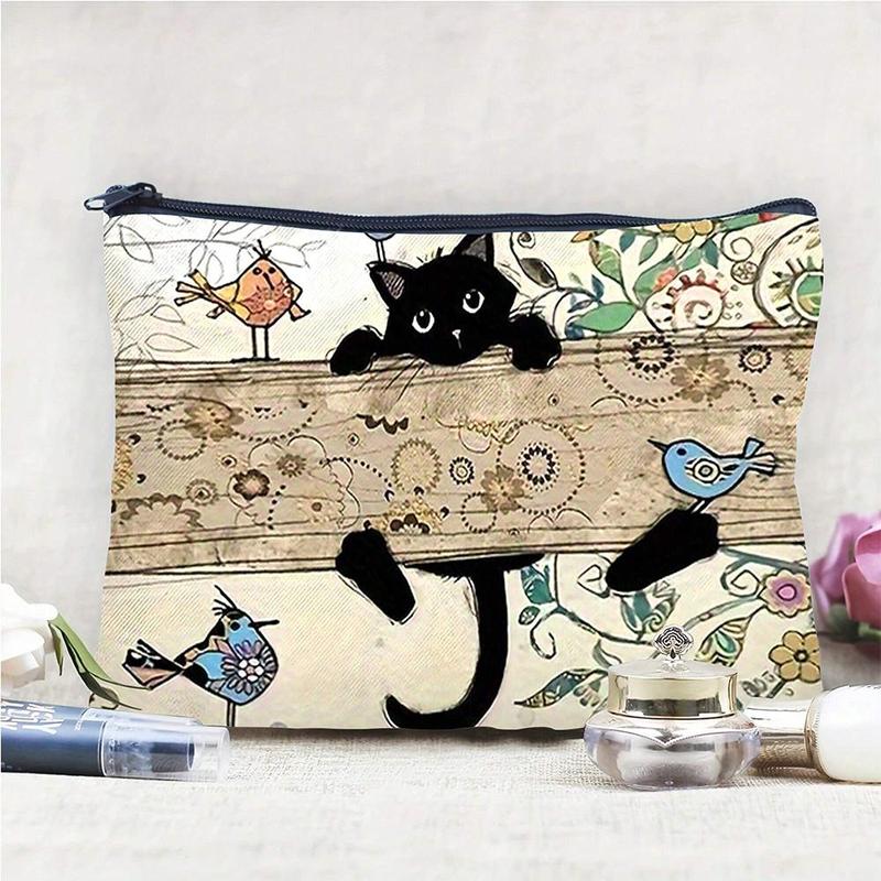 Cat Pattern Canvas Cosmetic Bag, 1 Count Portable Makeup Bag, Zipper Makeup Organizer Pouch, Versatile Storage Bag for Travel, Office, Home