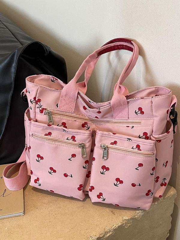Creative Full Cherry Plain Leopard Print Tote Bag, Tote Bags for School Fashionable Cute Zipper Shoulder Bag for Women & Girls, Casual Commuter Bag for Daily Used for Fall 2024, Purse