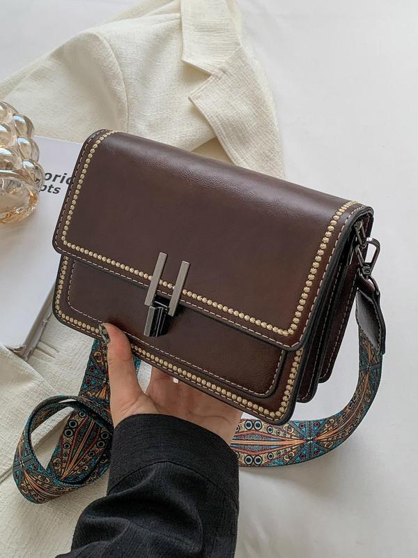 Women's Summer PU Leather Crossbody Bag with Ethnic Pattern Strap, Retro Crossbody Bag, Chic All-match Crossbody Bag for Women & Girls Back To School, Fall Outfits, Earthtone Fall Freshness Fall Fall Outfits, Crossbody Purses 2024