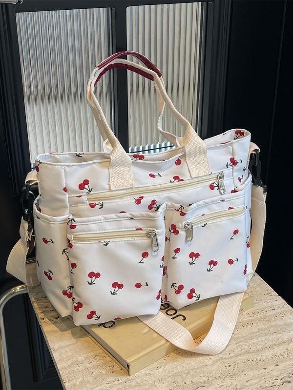 Creative Full Cherry Plain Leopard Print Tote Bag, Tote Bags for School Fashionable Cute Zipper Shoulder Bag for Women & Girls, Casual Commuter Bag for Daily Used for Fall 2024, Purse